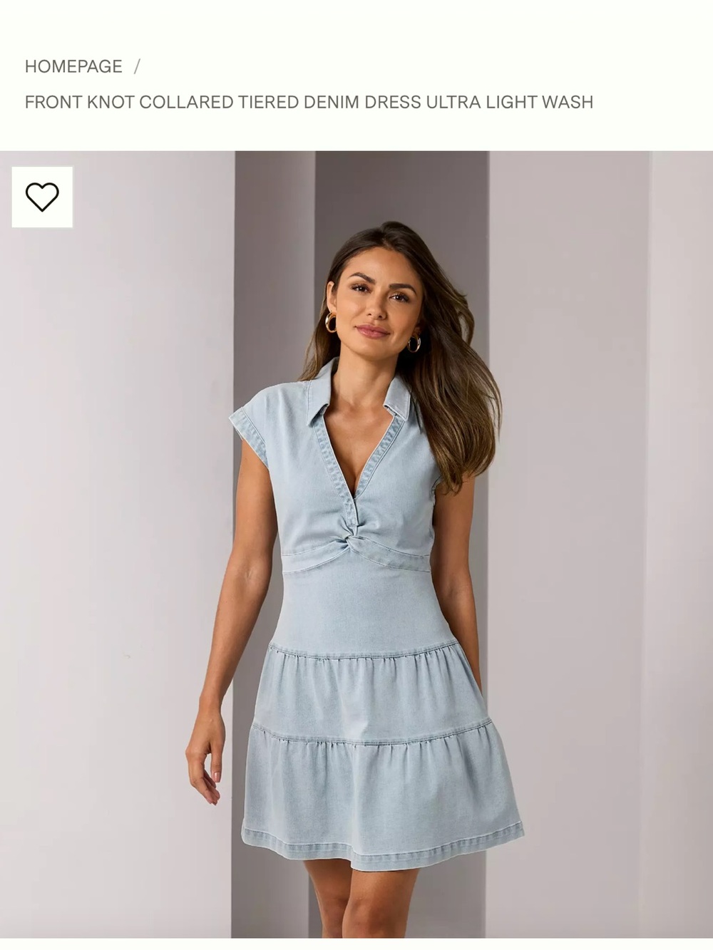 Front Knot Collared Denim Tiered Denim Dress in Ultra Light Wash